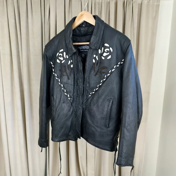 RARE Vintage UNIK Black Leather Biker Jacket with White Rose Floral Design - Picture 5 of 8